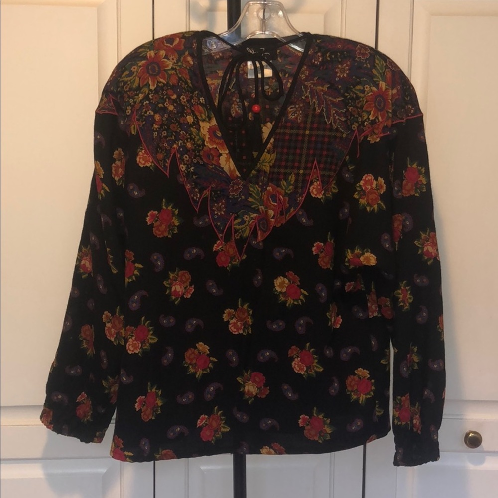 Black Blouse with Flower Accents and Shoulder Pads